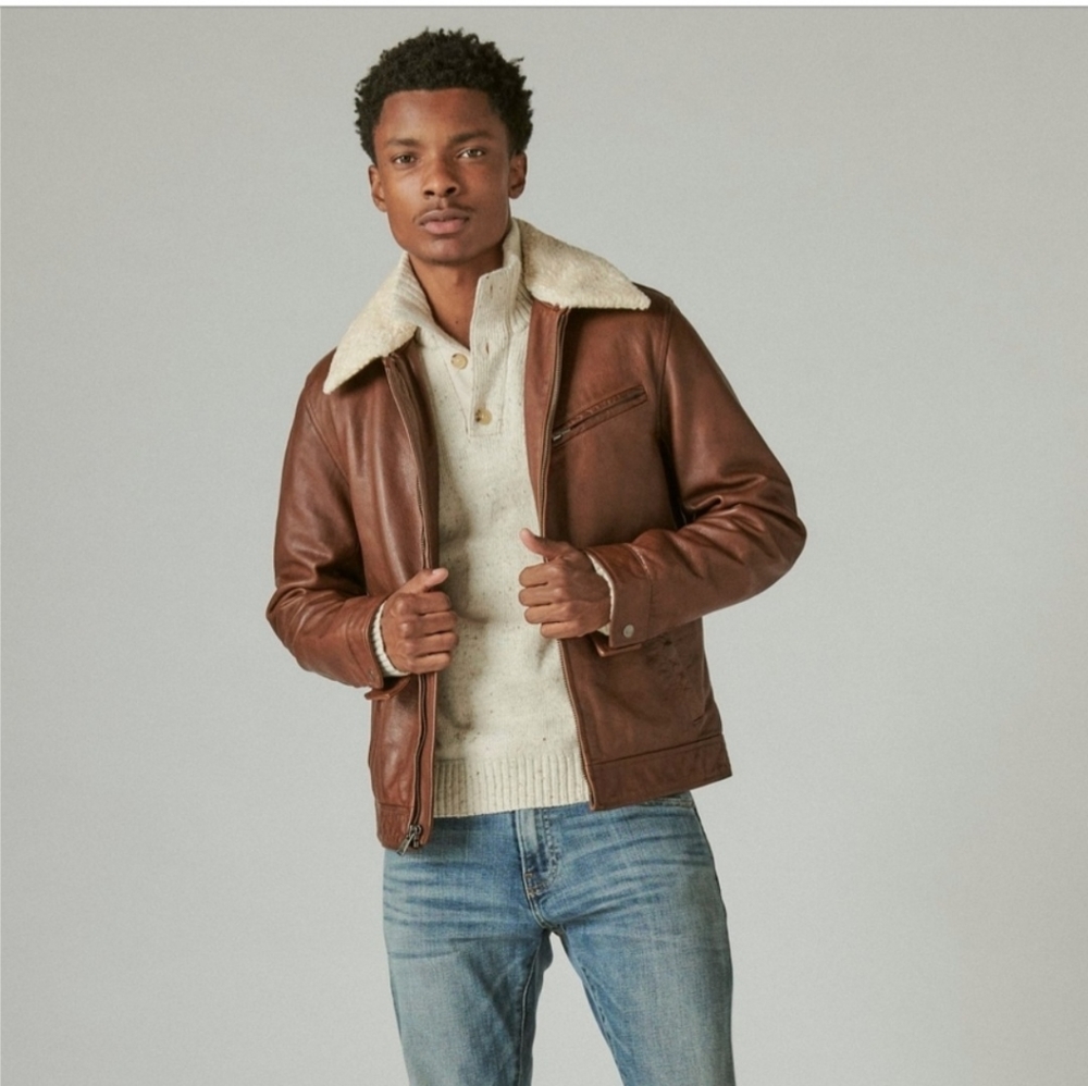 Mens Lucky Brand Leather Aviator Jacket